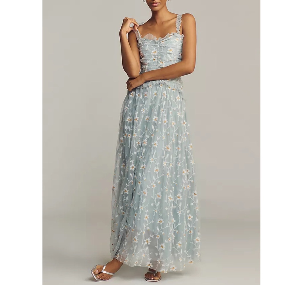 Anthropologie Sleeveless Tulle A Line Maxi Dress Size M Feminine Ruffle Floral - Picture 2 of 16